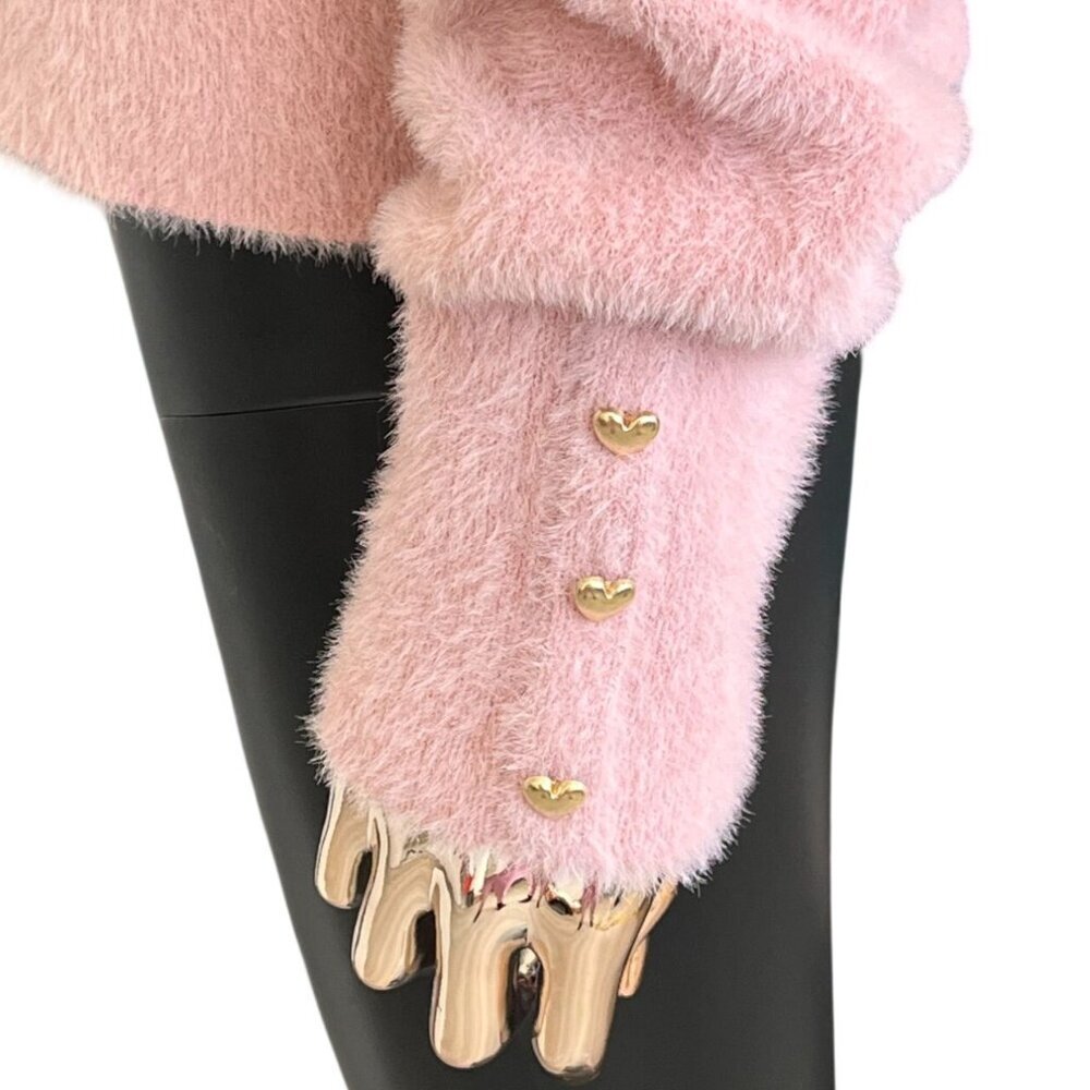 Bailey 44 Pink Fuzzy Sweater Gold Heart Button Cuff Crewneck Size L NWT - Picture 5 of 8